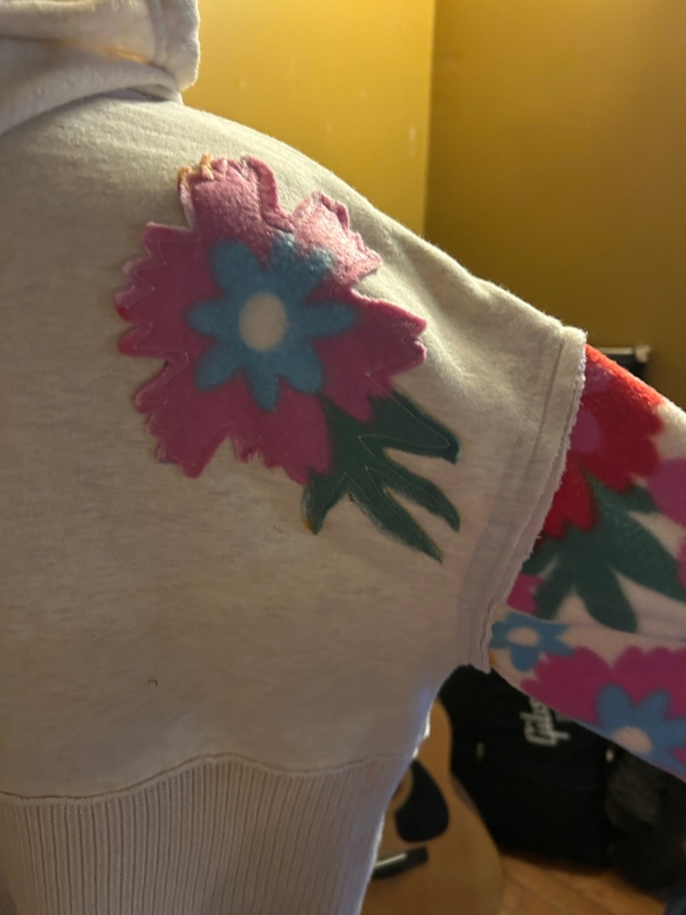 Upcycled Floral Patchwork Hooded Women's Top - Cream with Multicolor Flowers - Picture 4 of 4
